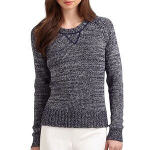 THEORY Alexa Cotton-Cashmere Blend Marled Knit Sweater in Navy Blue + White P XS